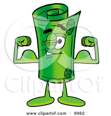 Clipart Picture of a Rolled Money Mascot Cartoon Character Flexing His Arm Muscles by Mascot Junction