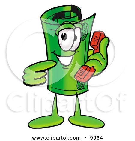Clipart Picture of a Rolled Money Mascot Cartoon Character Holding a Telephone by Toons4Biz