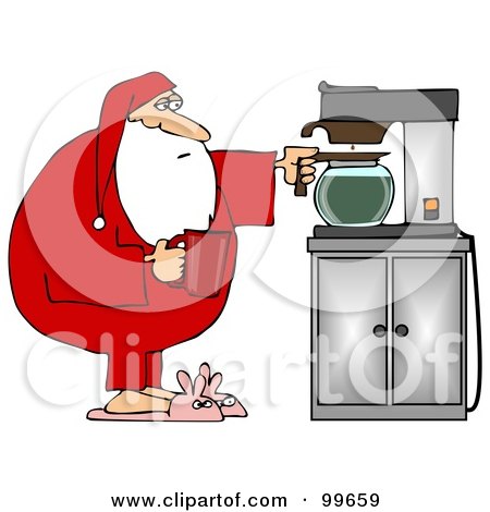 Royalty-Free (RF) Clipart Illustration of Santa In His Pjs And Bunny Slippers, Getting Himself A Cup Of Coffee by djart