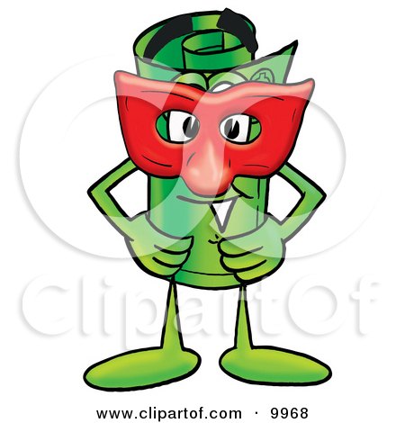 Clipart Picture of a Rolled Money Mascot Cartoon Character Wearing a Red Mask Over His Face by Toons4Biz
