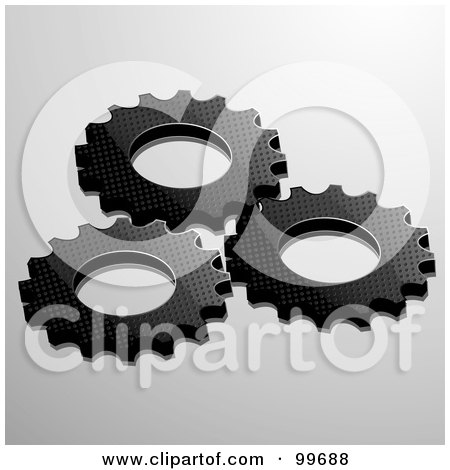 Royalty-Free (RF) Clipart Illustration of Three Black Textured Cogs Over Gray by elaineitalia