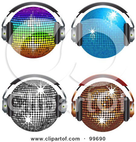 Royalty-Free (RF) Clipart Illustration of a Digital Collage Of Four Shiny Disco Balls Wearing Headphones by elaineitalia
