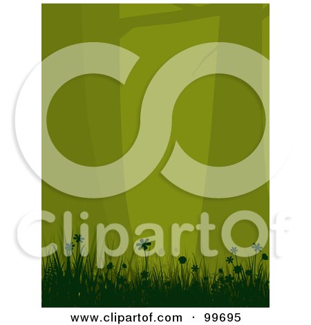 Royalty-Free (RF) Clipart Illustration of a Vertical Background Of Silhouetted Green Trees, Flowers And Grass Over Green by elaineitalia