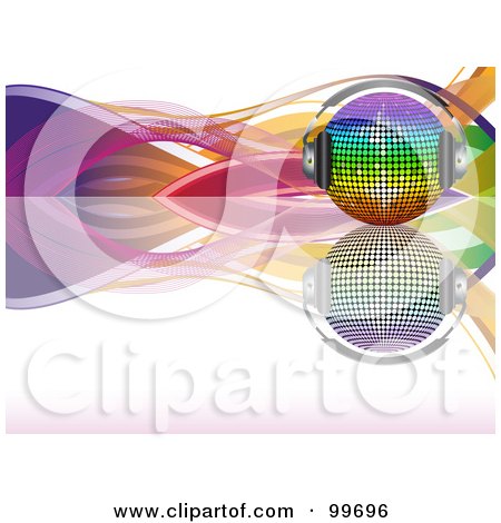 Royalty-Free (RF) Clipart Illustration of a Rainbow Disco Ball With Headphones, On A Reflective Surface With Colorful Waves Over White by elaineitalia