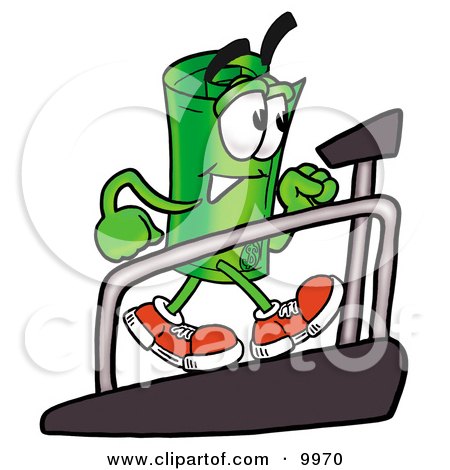 Clipart Picture of a Rolled Money Mascot Cartoon Character Walking on a Treadmill in a Fitness Gym by Toons4Biz