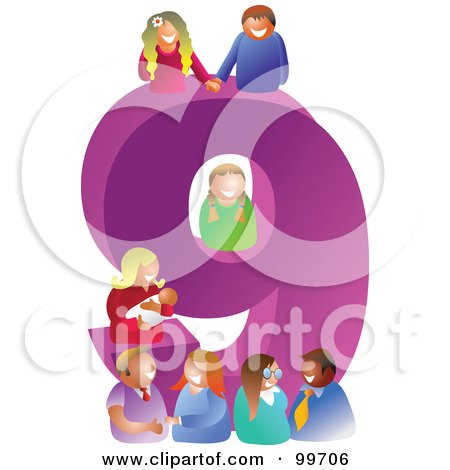 Royalty-Free (RF) Clipart Illustration of People Around A Large Number 9 by Prawny