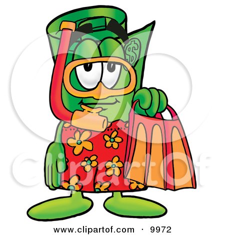 Clipart Picture of a Rolled Money Mascot Cartoon Character in Orange and Red Snorkel Gear by Toons4Biz