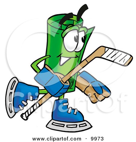 Clipart Picture of a Rolled Money Mascot Cartoon Character Playing Ice Hockey by Mascot Junction