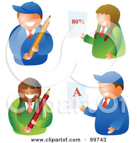 Royalty-Free (RF) Clipart Illustration of a Digital Collage Of School Boys And Girls Holding Pencils And Report Cards by Prawny