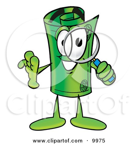 Clipart Picture of a Rolled Money Mascot Cartoon Character Looking Through a Magnifying Glass by Toons4Biz