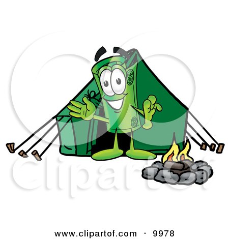 Clipart Picture of a Rolled Money Mascot Cartoon Character Camping With a Tent and Fire by Mascot Junction