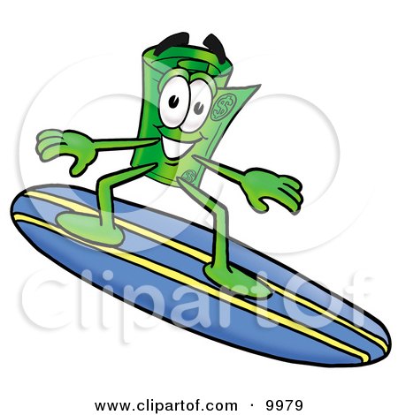 Clipart Picture of a Rolled Money Mascot Cartoon Character Surfing on a Blue and Yellow Surfboard by Toons4Biz