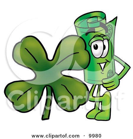 Clipart Picture of a Rolled Money Mascot Cartoon Character With a Green Four Leaf Clover on St Paddy's or St Patricks Day by Mascot Junction