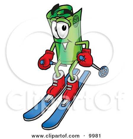 Clipart Picture of a Rolled Money Mascot Cartoon Character Skiing Downhill by Mascot Junction