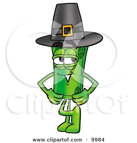 Clipart Picture of a Rolled Money Mascot Cartoon Character Wearing a Pilgrim Hat on Thanksgiving by Toons4Biz