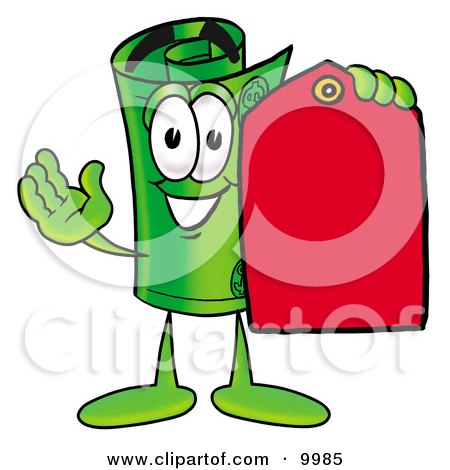 Clipart Picture of a Rolled Money Mascot Cartoon Character Holding a Red Sales Price Tag by Toons4Biz
