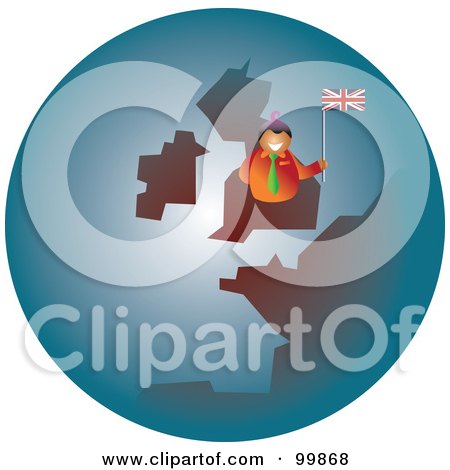 Royalty-Free (RF) Clipart Illustration of a Businessman Holding A British Flag On A Globe by Prawny