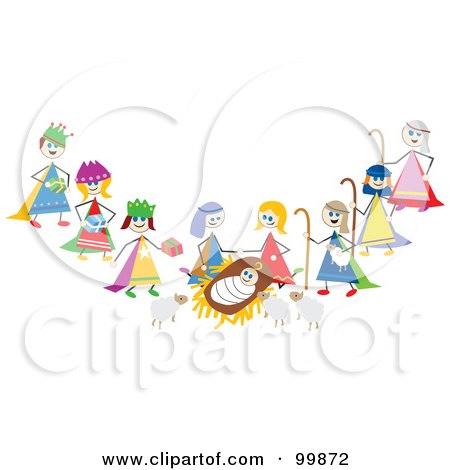 Royalty-Free (RF) Clipart Illustration of Stick Children Acting Out The Nativity Scene by Prawny
