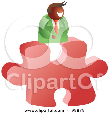 Royalty-Free (RF) Clipart Illustration of a Businessman On A Red Puzzle Piece by Prawny