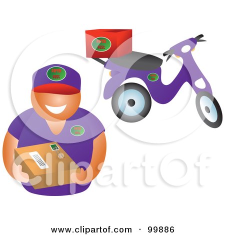 Royalty-Free (RF) Clipart Illustration of a Delivery Man Holding A Package By His Scooter by Prawny