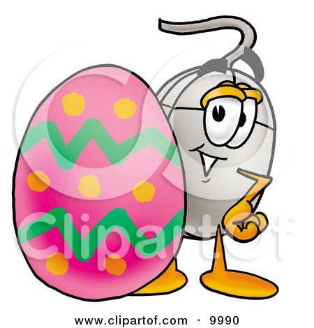 Clipart Picture of a Computer Mouse Mascot Cartoon Character Standing Beside an Easter Egg by Mascot Junction