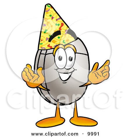 Clipart Picture of a Computer Mouse Mascot Cartoon Character Wearing a Birthday Party Hat by Mascot Junction