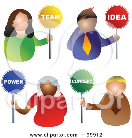 Royalty-Free (RF) Clipart Illustration of a Digital Collage Of Business Men And Women Holding Team, Idea, Power And Concept Signs by Prawny