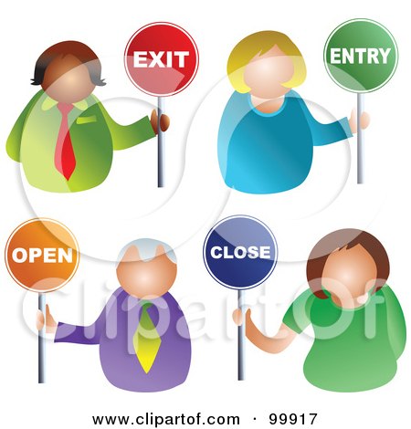 Royalty-Free (RF) Clipart Illustration of a Digital Collage Of Business Men And Women Holding Exit, Entry, Open And Close Signs by Prawny