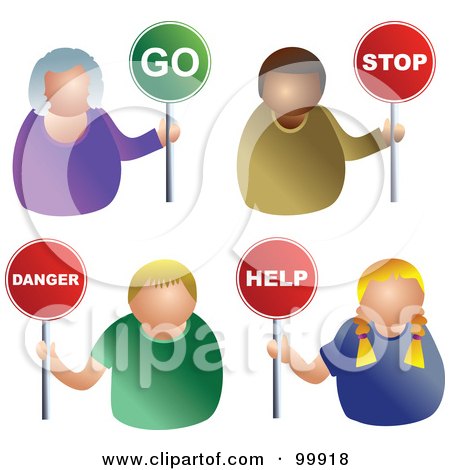 Royalty-Free (RF) Clipart Illustration of a Digital Collage Of Business Men And Women Holding Go, Stop, Danger And Help Signs by Prawny