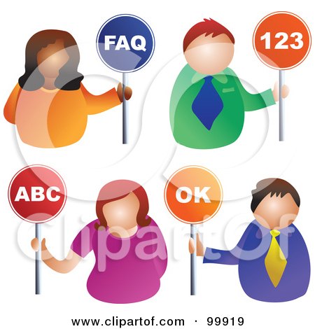 Royalty-Free (RF) Clipart Illustration of a Digital Collage Of Business Men And Women Holding Faq, 123, Abc And Ok Signs by Prawny