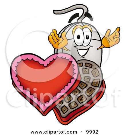 Clipart Picture of a Computer Mouse Mascot Cartoon Character With an Open Box of Valentines Day Chocolate Candies by Mascot Junction