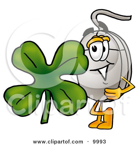 Clipart Picture of a Computer Mouse Mascot Cartoon Character With a Green Four Leaf Clover on St Paddy's or St Patricks Day by Mascot Junction