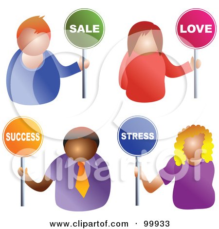 Royalty-Free (RF) Clipart Illustration of a Digital Collage Of Business Men And Women Holding Sale, Love, Success And Stress Signs by Prawny