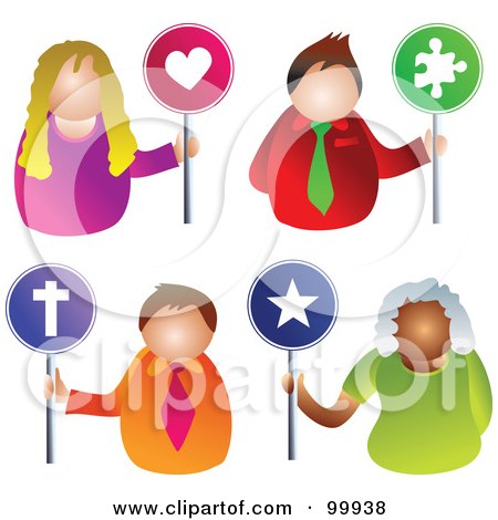 Royalty-Free (RF) Clipart Illustration of a Digital Collage Of Business Men And Women Holding Love, Puzzle, Religion And Star Signs by Prawny