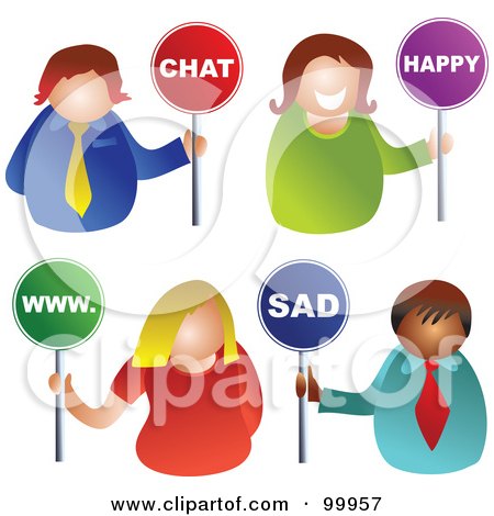 Royalty-Free (RF) Clipart Illustration of a Digital Collage Of Business Men And Women Holding Chat, Happy, Www And Sad Signs by Prawny