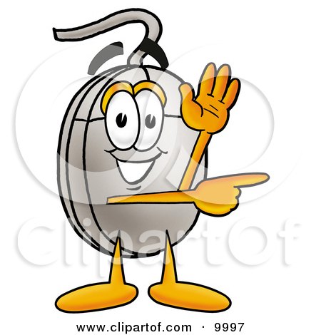 Clipart Picture of a Computer Mouse Mascot Cartoon Character Waving and Pointing by Mascot Junction