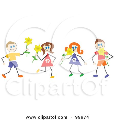 Royalty-Free (RF) Clipart Illustration of Stick Children With Daffodils by Prawny