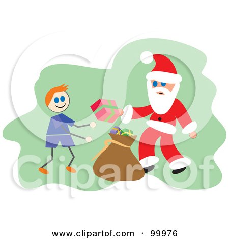 Royalty-Free (RF) Clipart Illustration of Santa Giving A Gift To A Stick Boy by Prawny