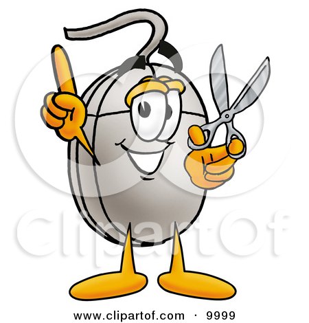 Clipart Picture of a Computer Mouse Mascot Cartoon Character Holding a Pair of Scissors by Mascot Junction