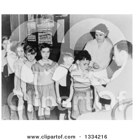 Stock Photograph of a Black and White Line of School Children Waiting for Immunization Shots at a Health Station, New York City, New York, 1944 - Royalty Free Picture by Picsburg