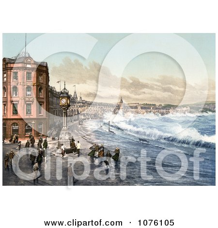 Storm Waves Washing Up On The Train Tracks, Jubilee Clock, And Promenade By Waterfront Buildings In Douglas Doolish Isle Of Man England - Royalty Free Stock Photography  by JVPD