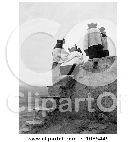 The Backs Of Four Hopi Native American Women Seated On A Roof At The Top Of Stairs On A Walpi Pueblo, 1904 - Free Historical Stock Photography by JVPD