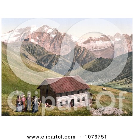 the Gasthof Valentini Sellajoch Building and Marmolada as Seen From the Sellajoch, Tyrol, Austria - Royalty Free Stock Photography  by JVPD