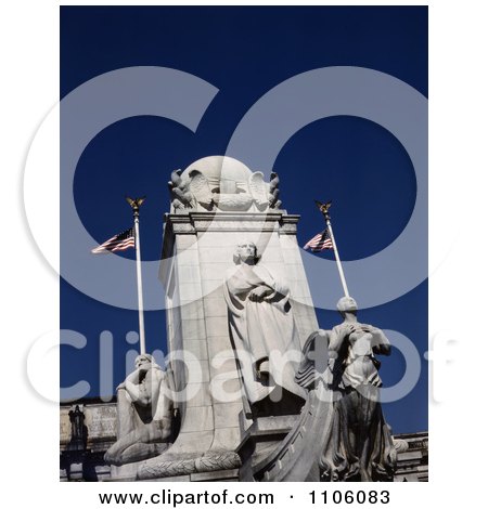 The Marble Christopher Columbus Statue Against A Deep Blue Sky in Front of the Union Station in Washington DC - Royalty Free Historical Stock Photo by JVPD
