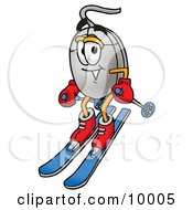 Clipart Picture Of A Computer Mouse Mascot Cartoon Character Skiing Downhill