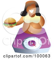 Chubby Woman Holding A Hamburger On A Scale