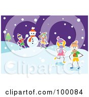 Poster, Art Print Of Royalty-Free Rf Clipart Illustration Of Group Of Stick Children Making A Snowman