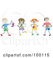 Poster, Art Print Of Royalty-Free Rf Clipart Illustration Of Stick Children Holding Wild Animals And Bugs