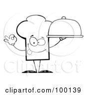 Royalty Free RF Clipart Illustration Of An Outlined Chef Hat Guy Holding A Platter