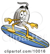Poster, Art Print Of Computer Mouse Mascot Cartoon Character Surfing On A Blue And Yellow Surfboard